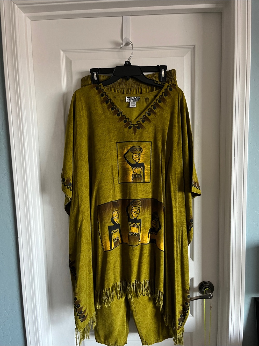 STEP IN STYLE Olive Green Women’s Printed Fringe Tunic Pantsuit